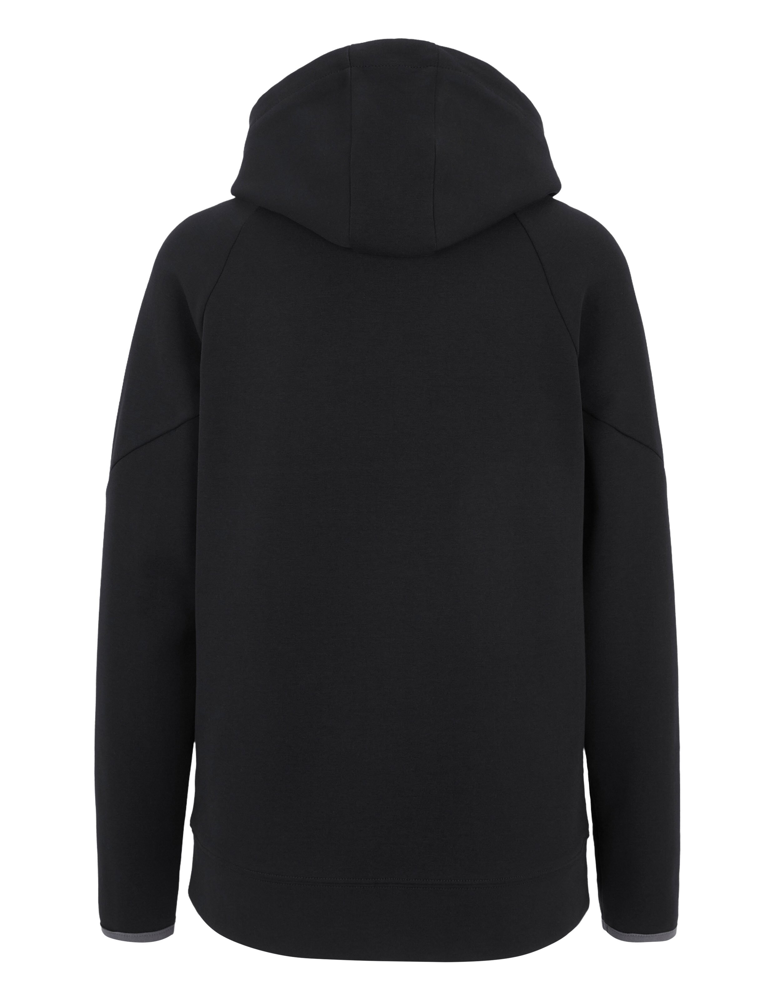 Rückansicht eines kuscheligen schwarzen Kapuzenpullovers für lässige Loungewear.