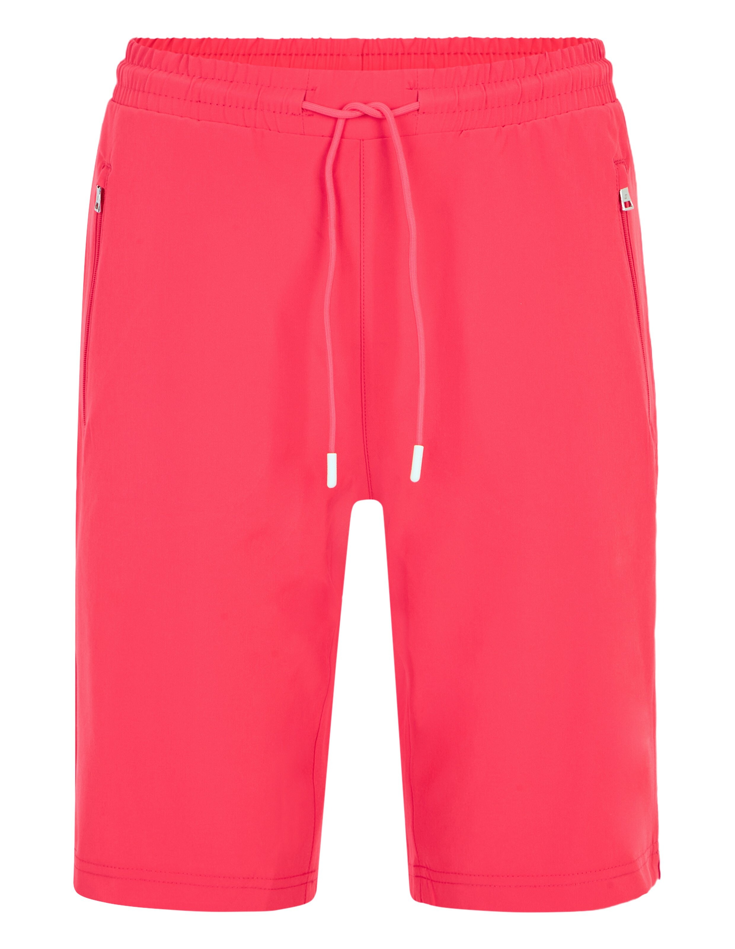 Leuchtend rote Shorts mit elastischem Bund und Kordelzug, geeignet für Freizeitaktivitäten, mit seitlichen Reißverschlusstaschen.